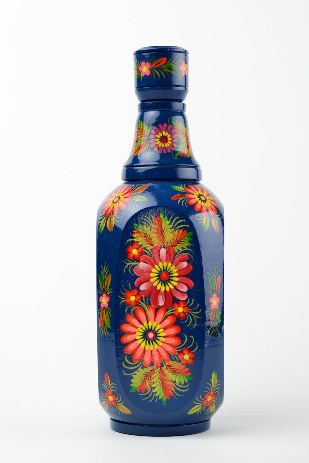 Wooden decorative wine bottle decanter with floral Russian style floral pattern 1,9 lb photo 3