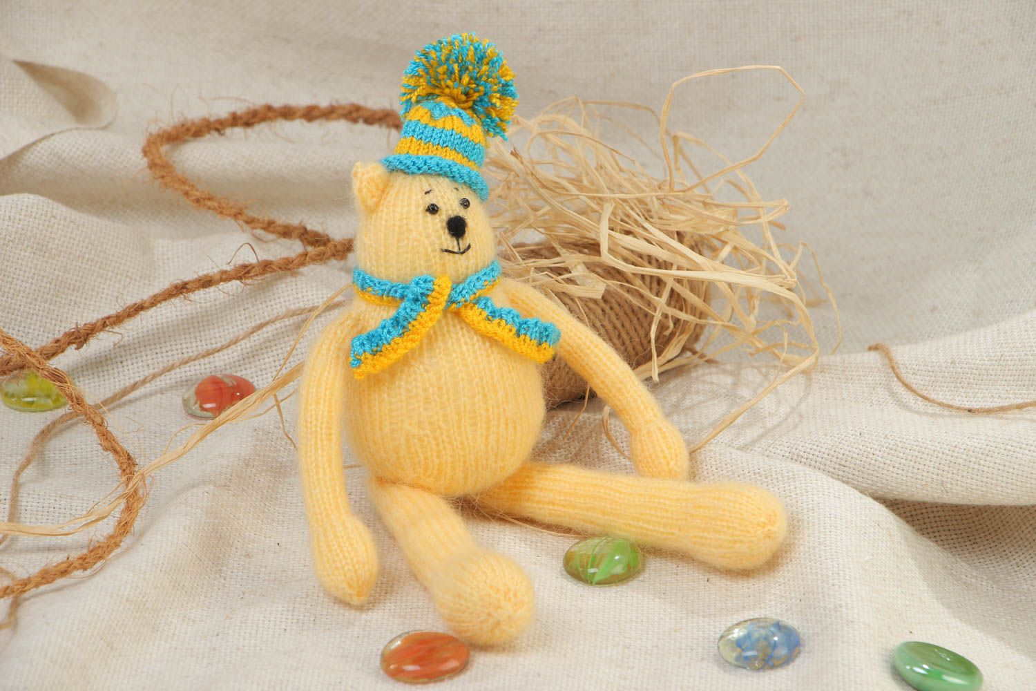 Small handmade knitted soft toy created of acrylic threads Cat photo 1