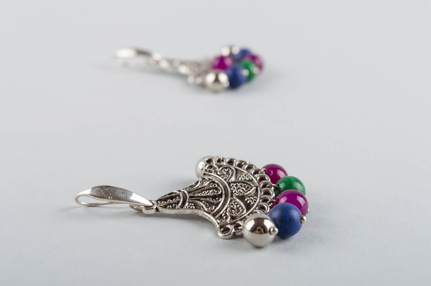 Handmade designer metal dangling earrings with malachite lazuli and nephrite photo 5