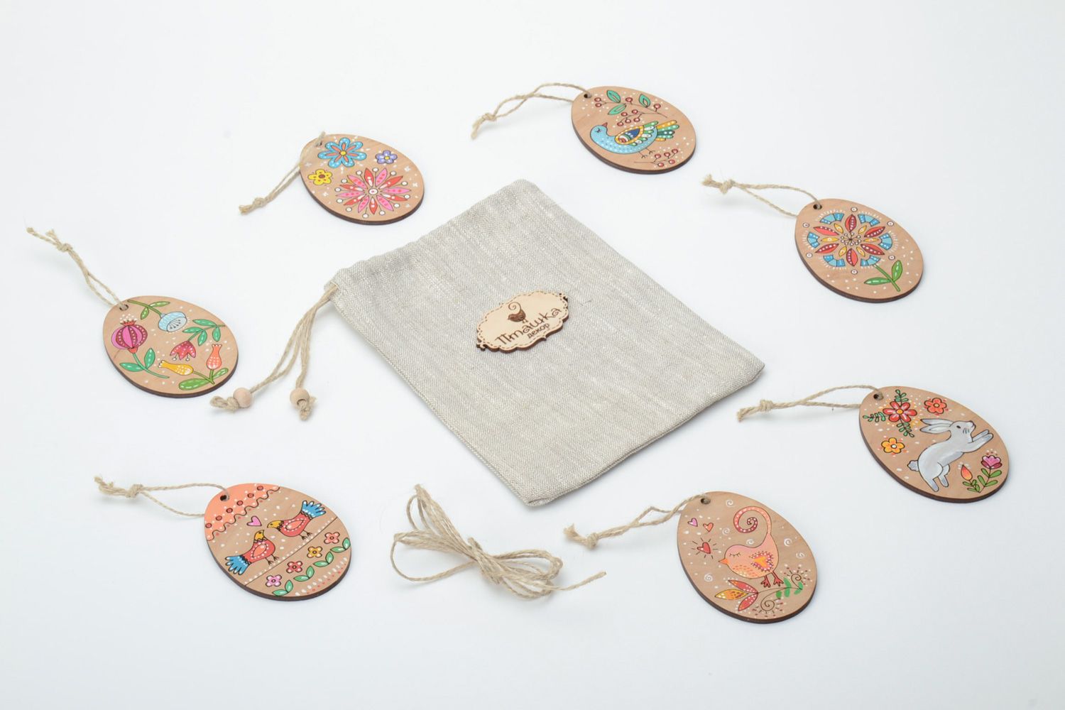 Handmade plywood interior pendants fridge magnets in sack bag 7 pieces photo 2