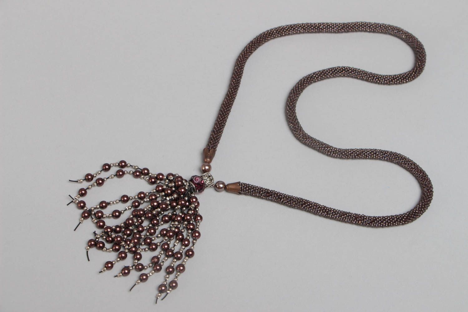 Handmade dark long bead woven cord necklace with beaded pendant photo 2
