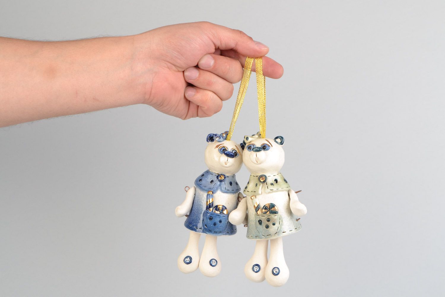 Set of 2 cute handmade ceramic wall hanging bells with ribbons Bears with Candies photo 1