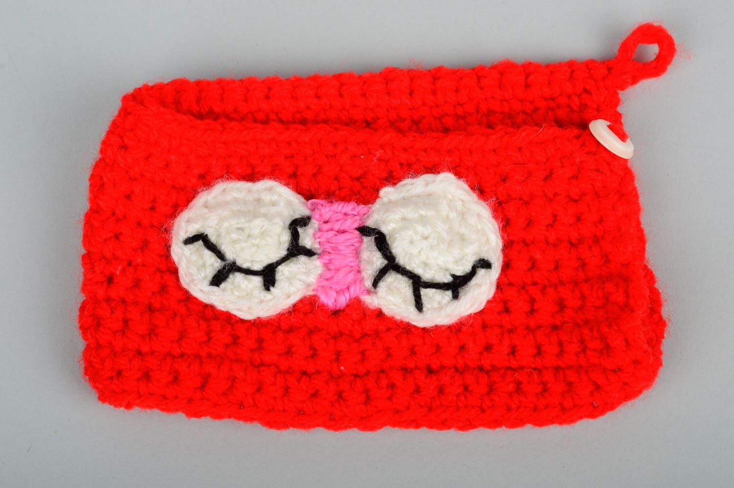 Couvre-tasse tricot au crochet fait main rouge avec yeux Cadeau original photo 3