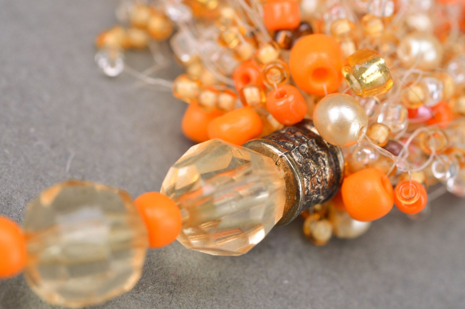 Unusual handmade long airy beaded necklace of orange color photo 4
