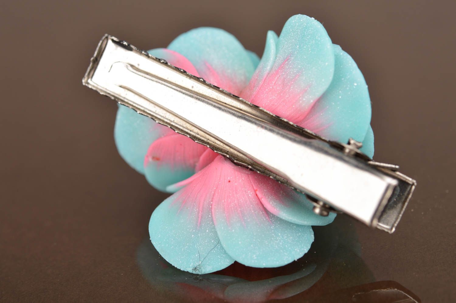 Handmade designer metal hair clip with blue and pink polymer clay flowers photo 4