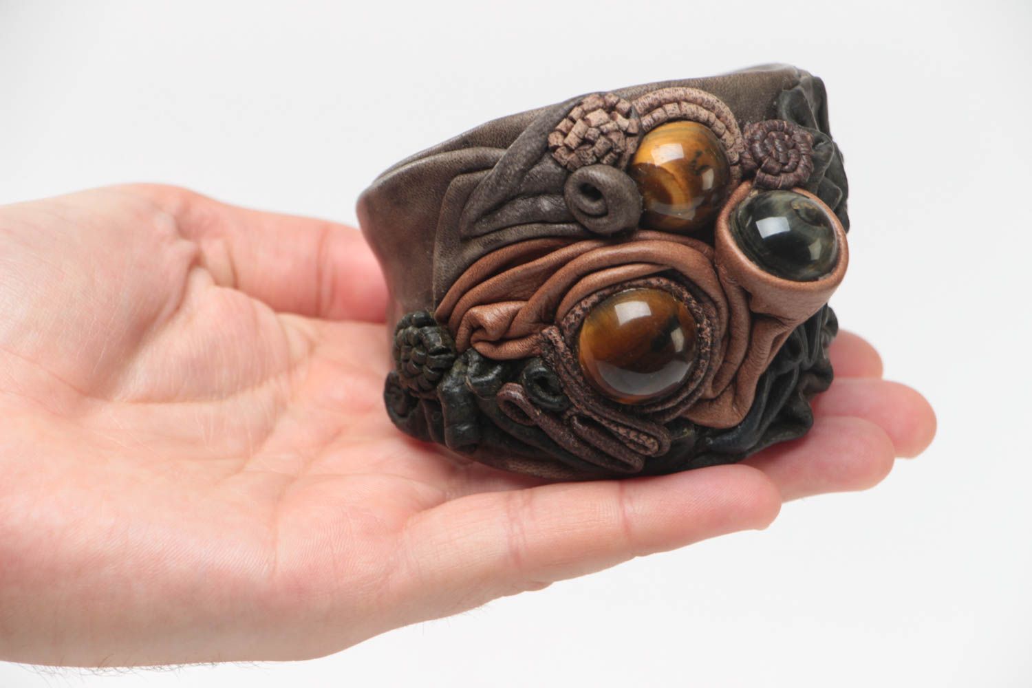 Handmade designer massive genuine leather wrist bracelet with tiger's eye stone photo 5