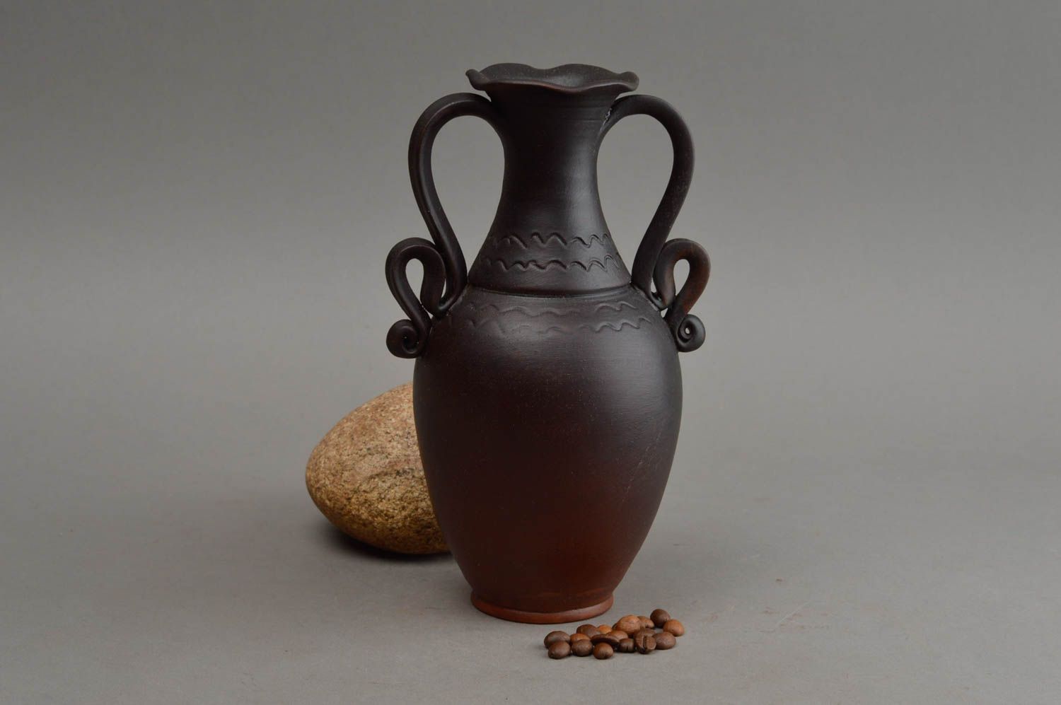 Brown two handles 8 inches ceramic vase in the shape of Greek amphora 1 lb photo 1
