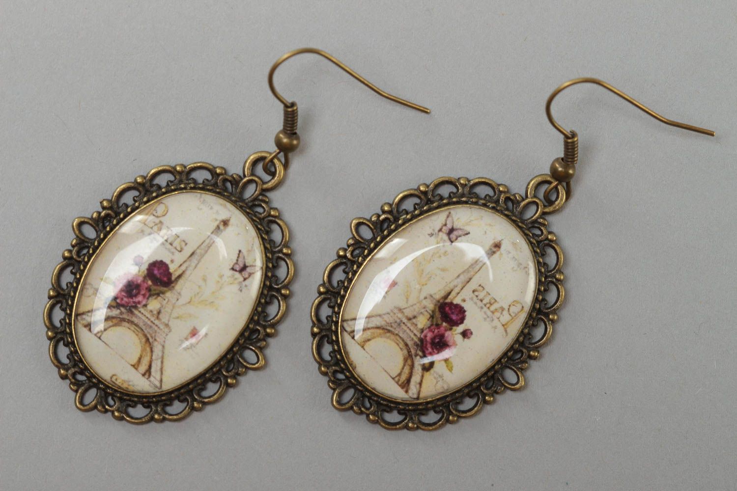 Vintage oval handmade glass glaze earrings Spring Paris photo 2
