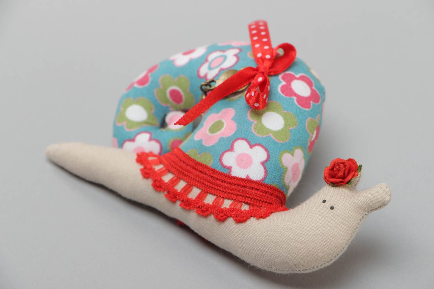 Handmade soft toy fridge magnet colorful snail with red lace sewn of cotton photo 2