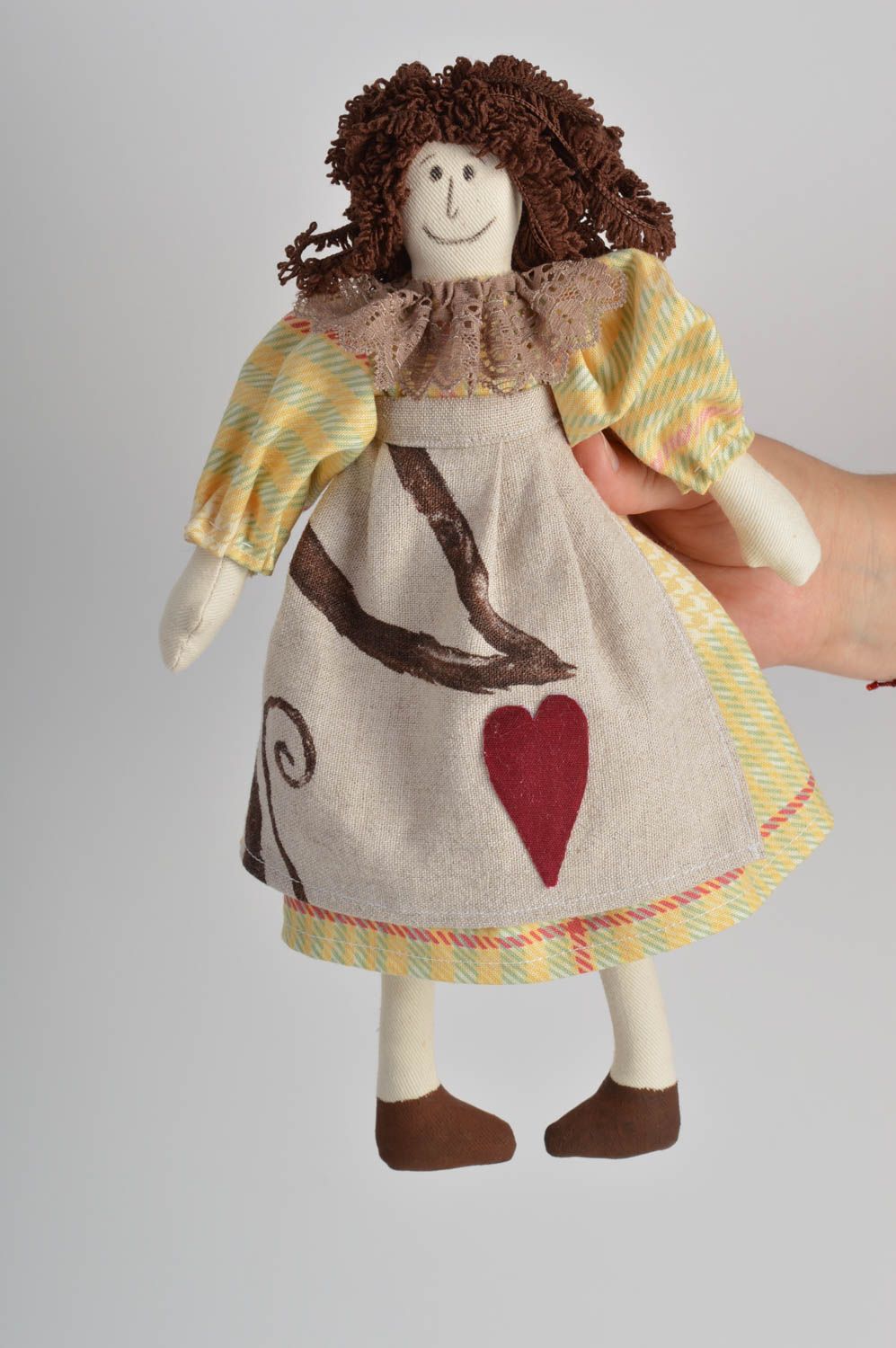 Handmade funny designer fabric soft doll girl in dress and apron for interior  photo 4