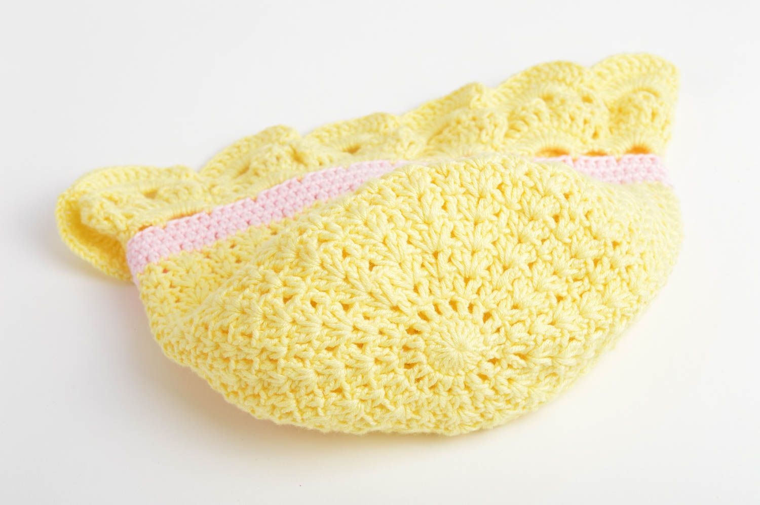 Handmade yellow crocheted cap stylish cotton accessory unusual cap for girls photo 4