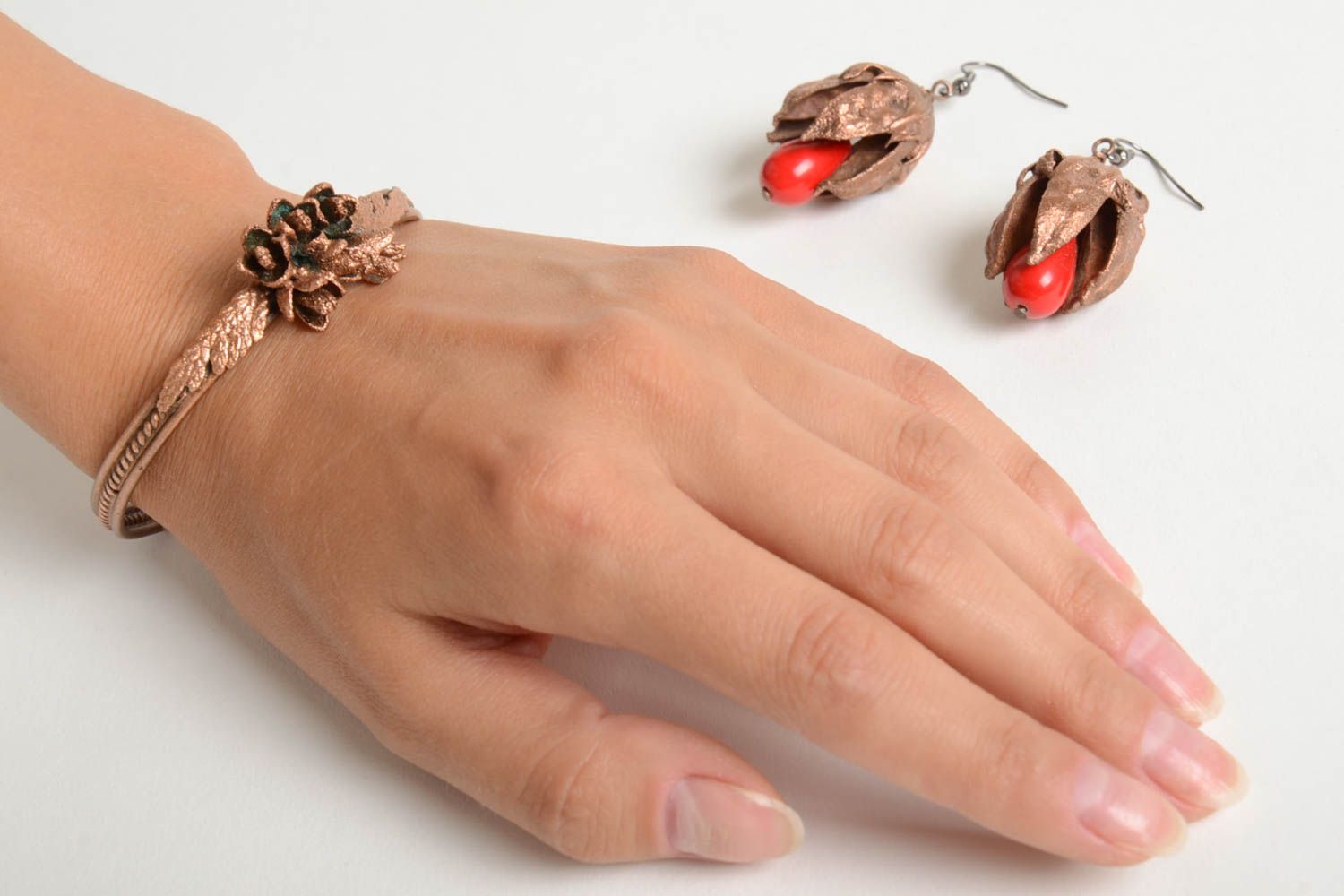 Украшения ручной работы медные серьги женский браслет с растительными мотивами фото 3