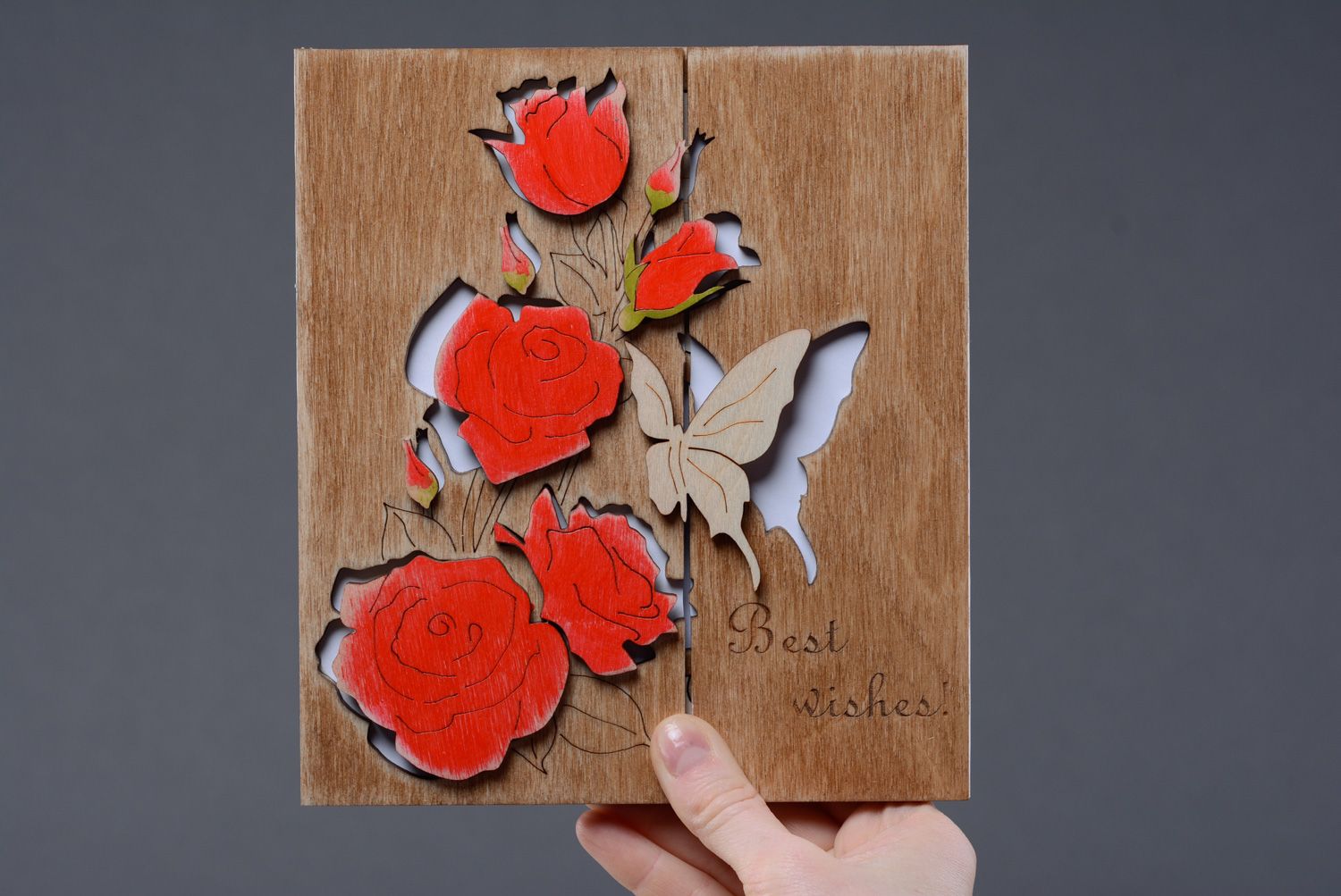 Carte de voeux en bois faite main originale avec roses et miroir Best wishes photo 5
