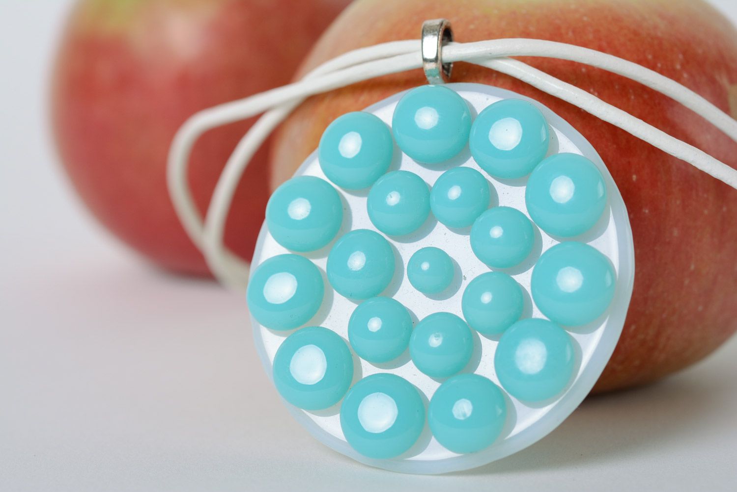 Handmade round fusing glass pendant in white and blue colors on cord for women photo 1
