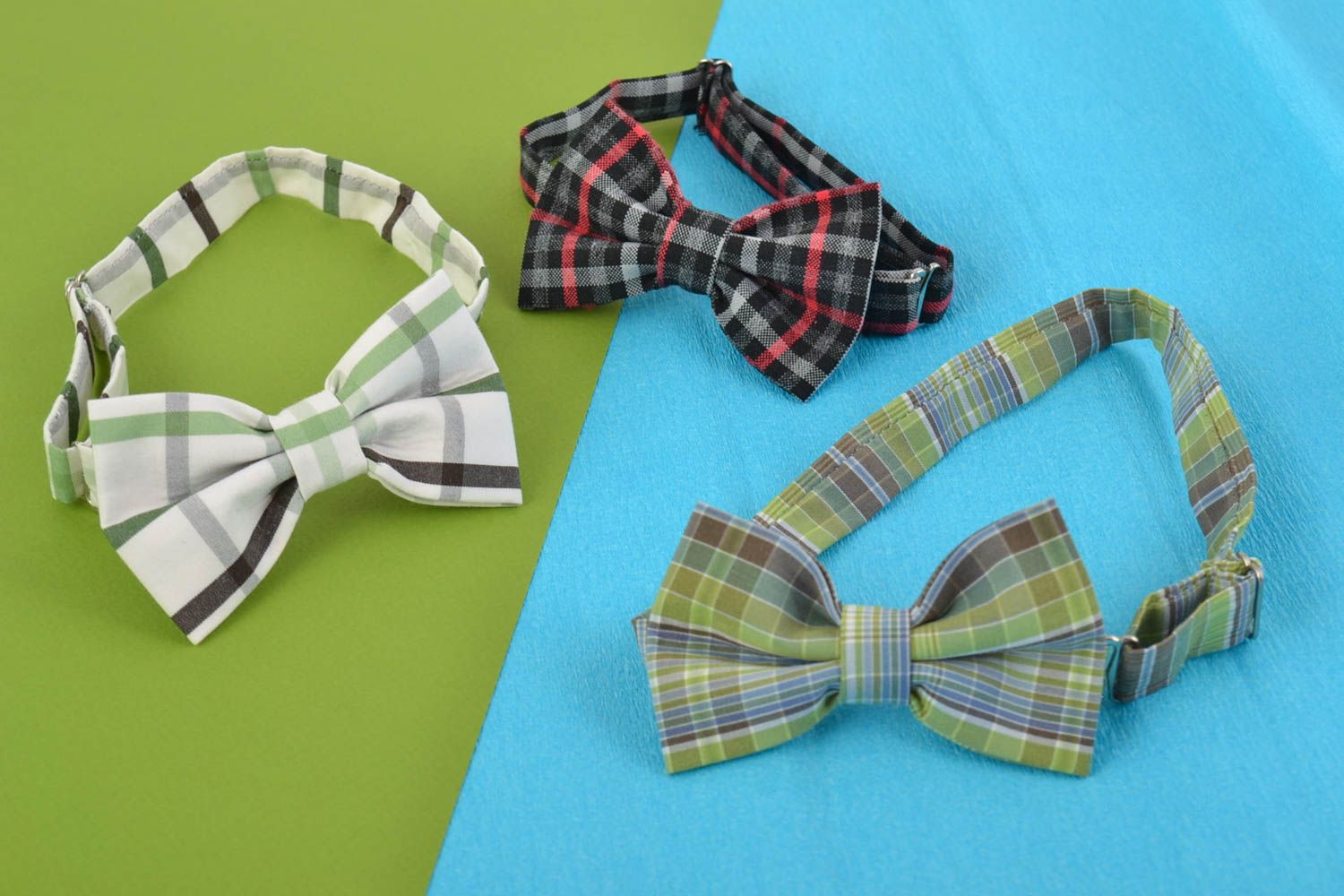Set of 3 handmade colorful checkered textile bow ties hand made photo 1