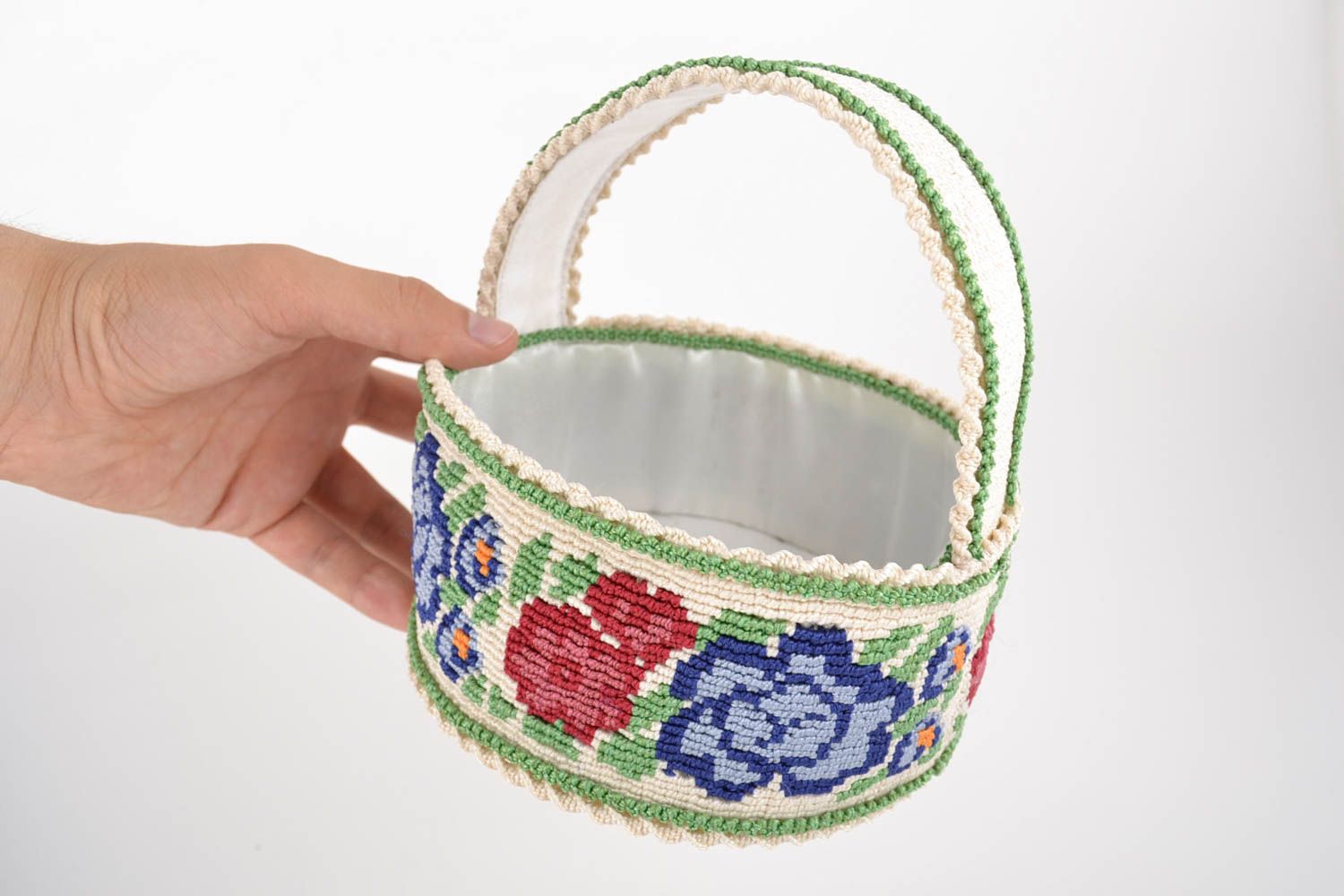 Handmade designer small macrame woven colorful decorative Easter basket photo 5