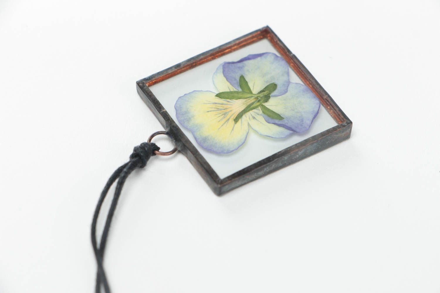 Beautiful handmade stained glass pendant with real flower Pansies for women photo 4