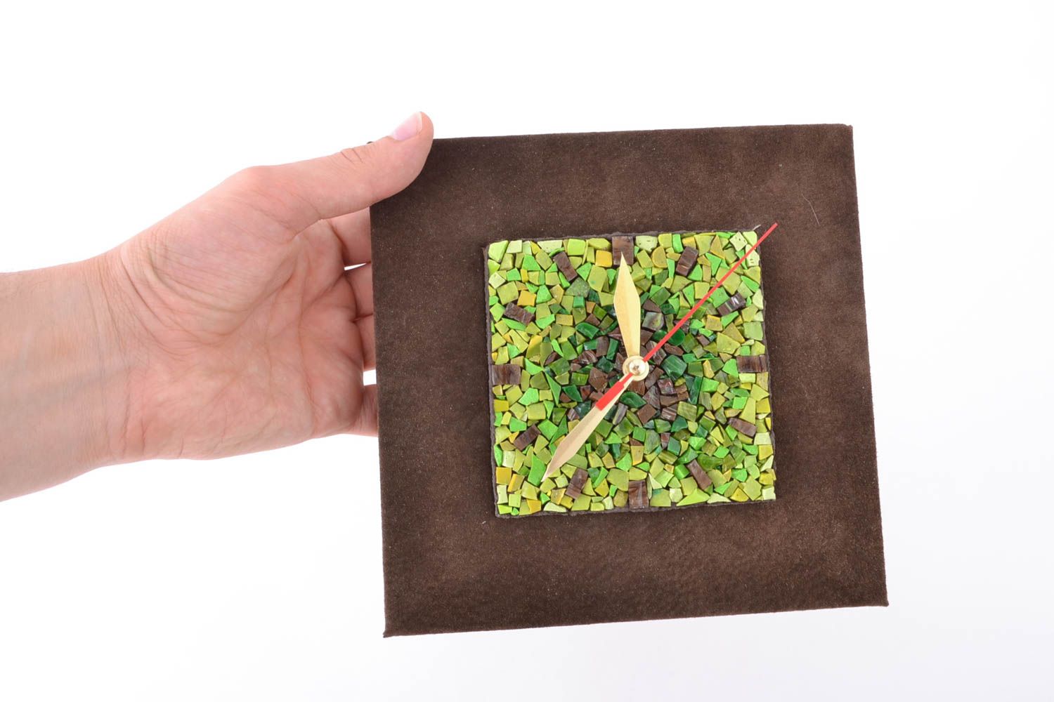 Pendule carrée décorée de mosaïque en smalt vert faite main Printemps cadeau photo 1