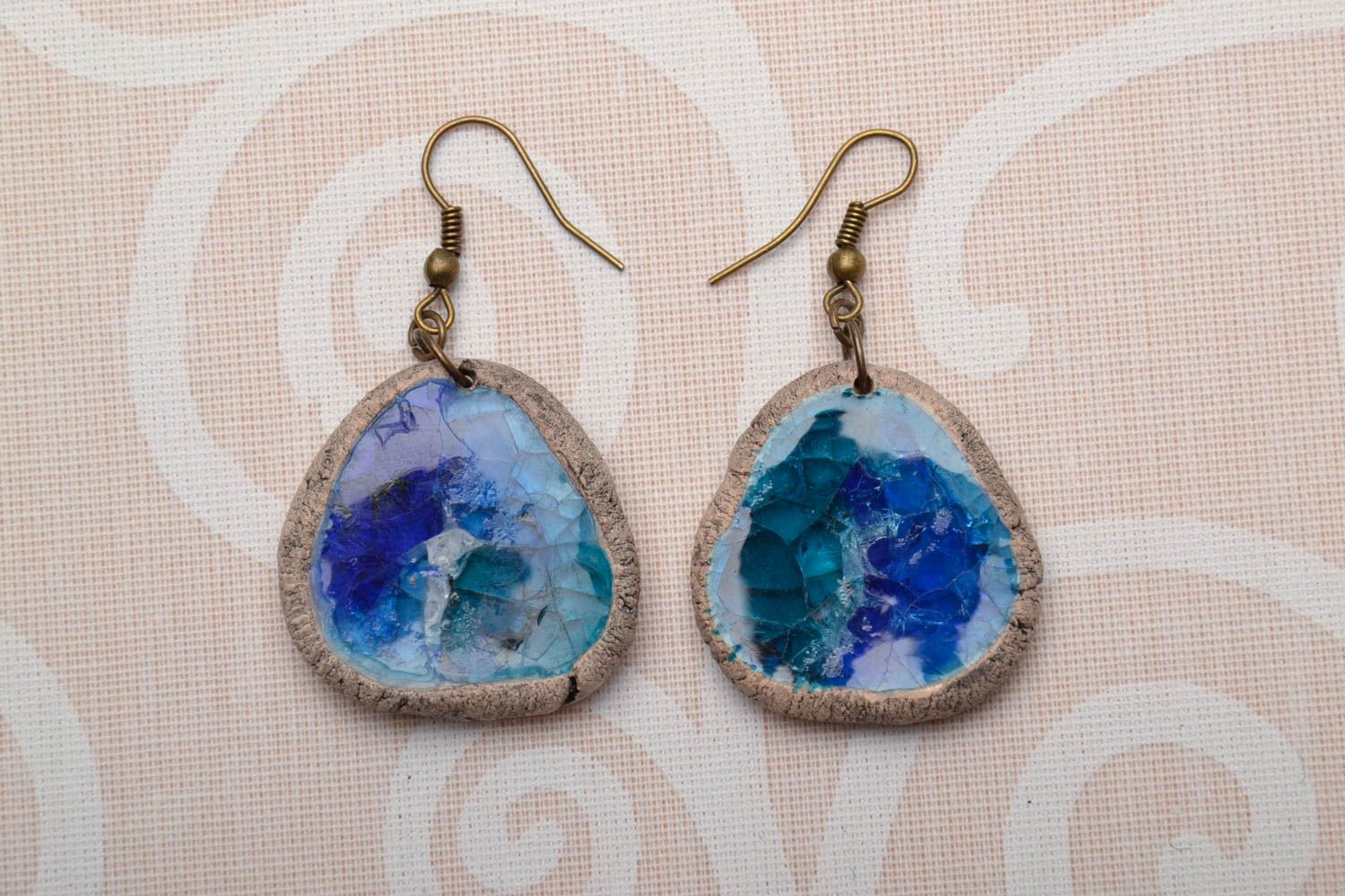 Ceramic earrings with colorful glass Blue photo 1