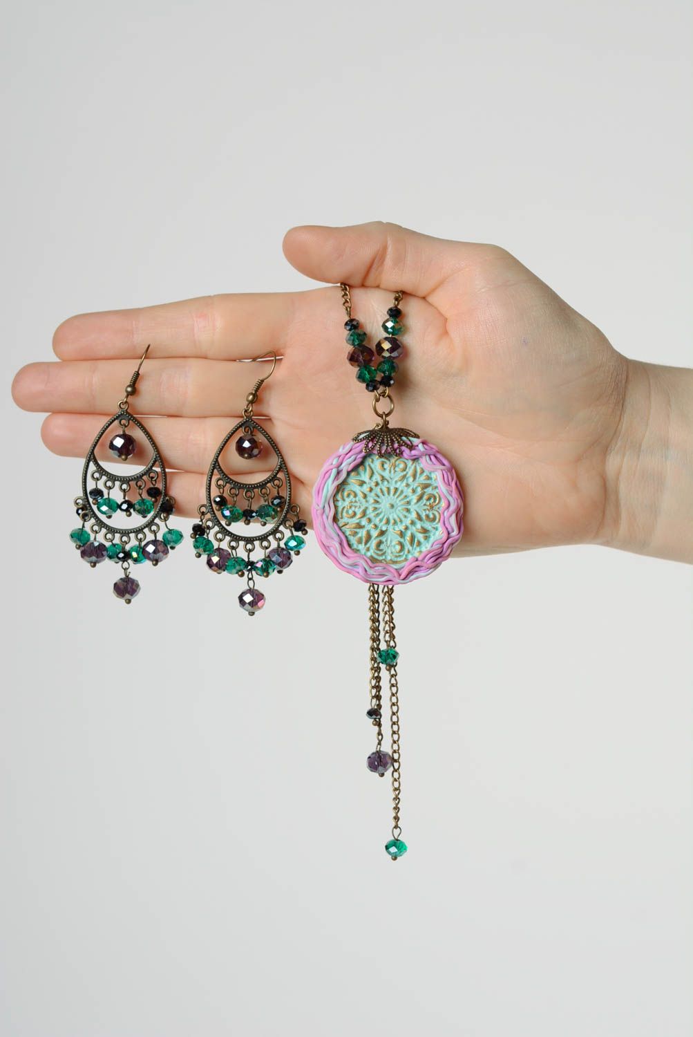 Set of handmade jewelry made of crystal and polymer clay earrings and pendant photo 3