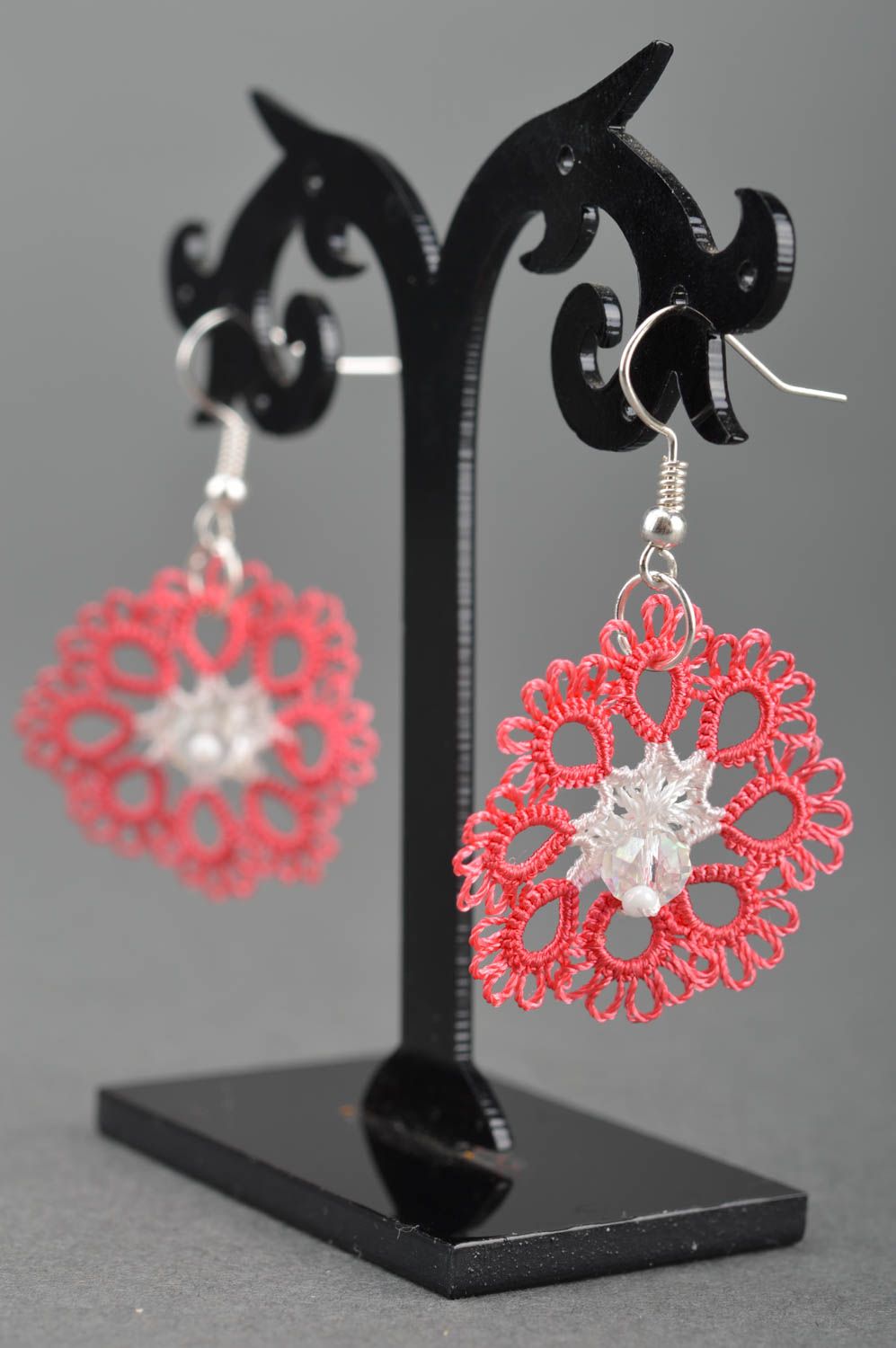 Crocheted tatting earrings small pink handmade summer accessory for girls photo 5