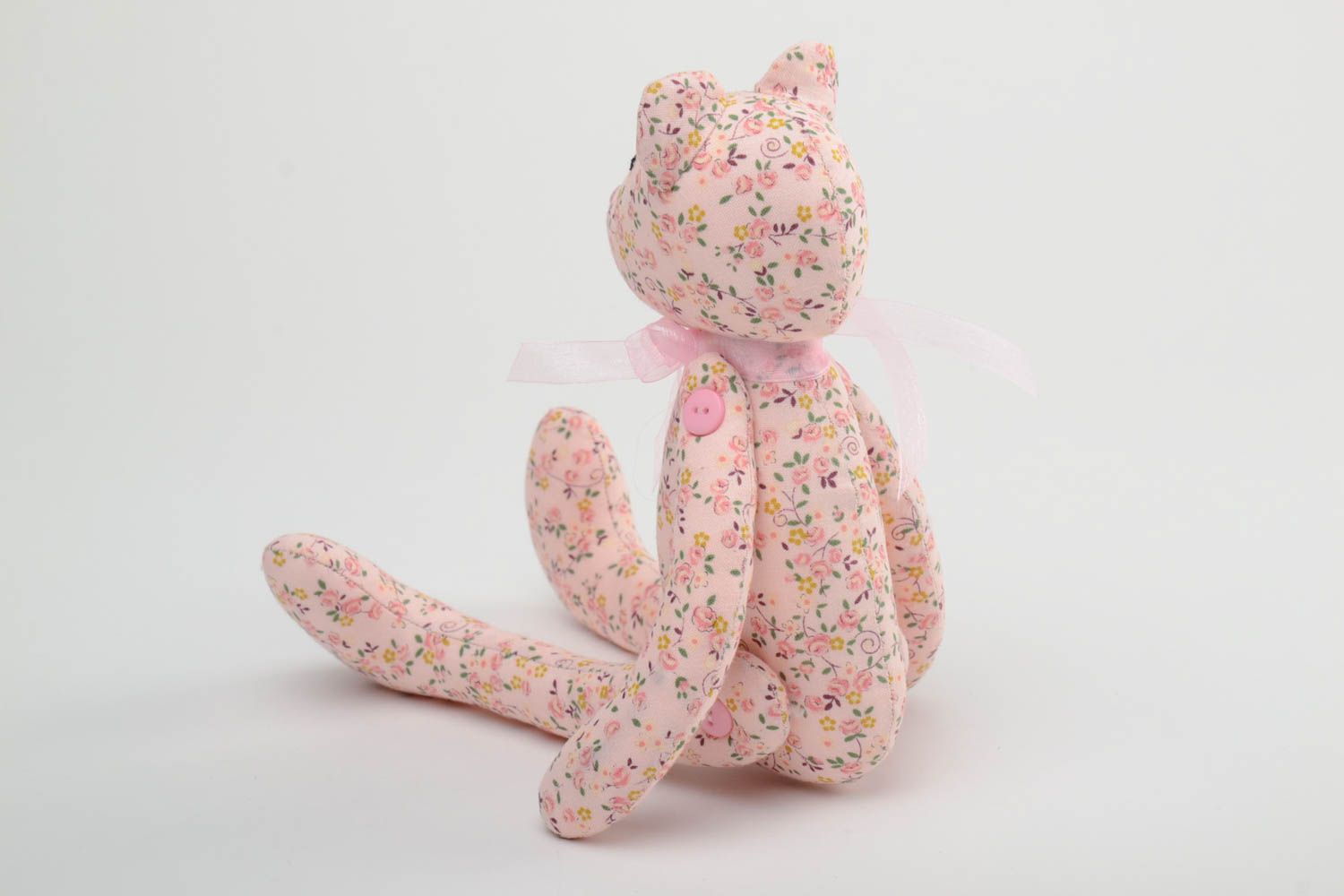 Handmade designer soft toy sewn of tender pink floral cotton fabric bear photo 4