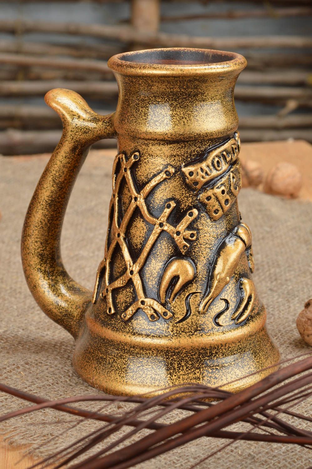 Beautiful unusual handmade designer ceramic beer mug of gold color 300 ml  photo 1