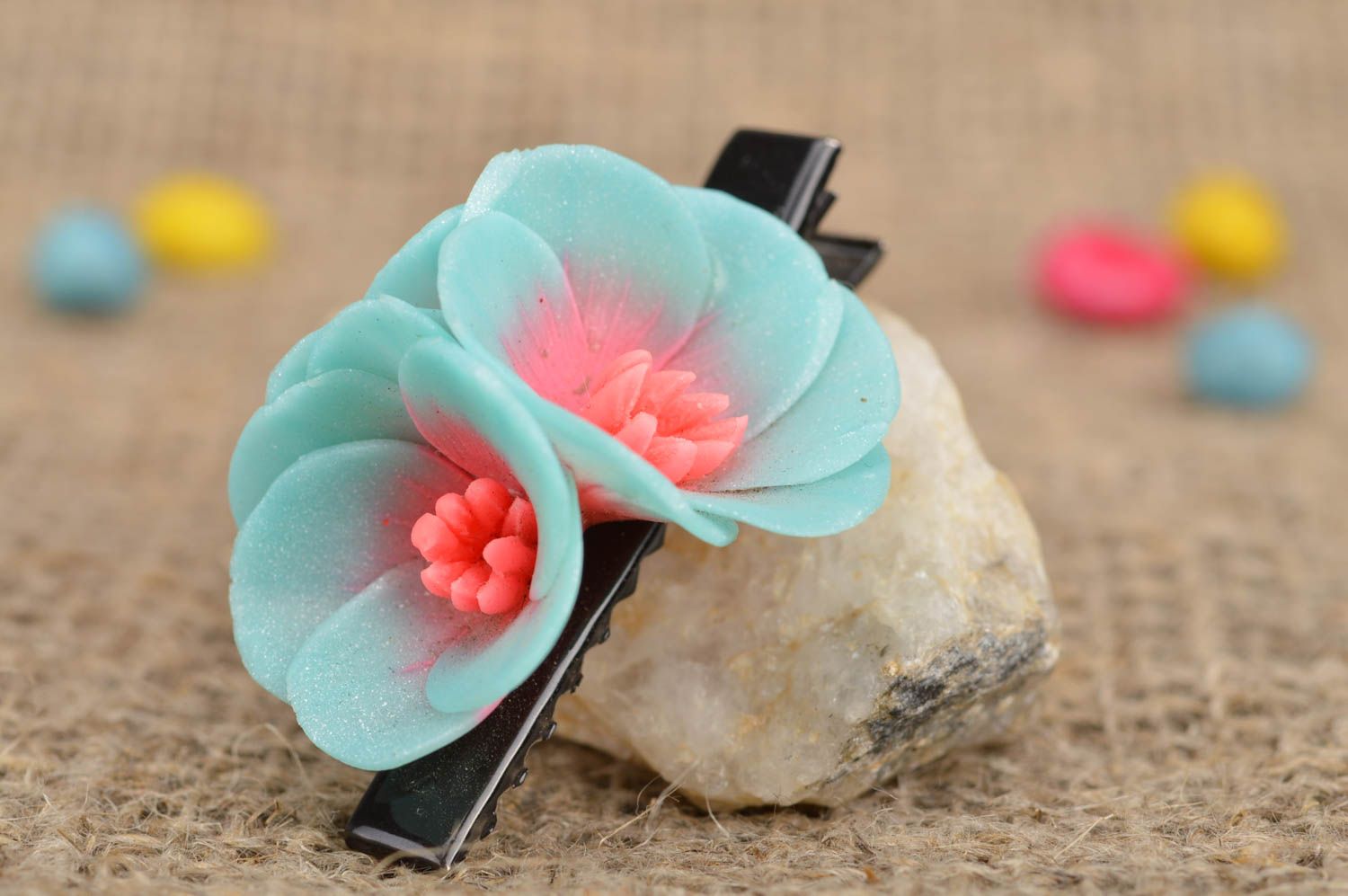 Handmade designer metal hair clip with blue and pink polymer clay flowers photo 1