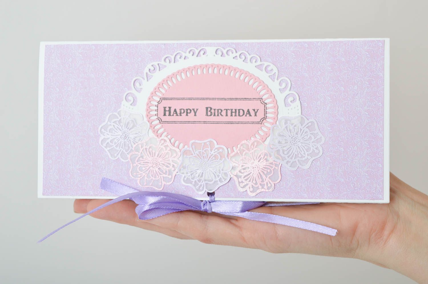 Carte de voeux faite main en papier mauve avec ruban anniversaire Petit cadeau photo 5
