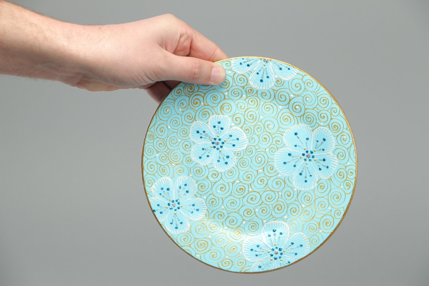 Handmade round ceramic plate with painting in blue color palette for present photo 4