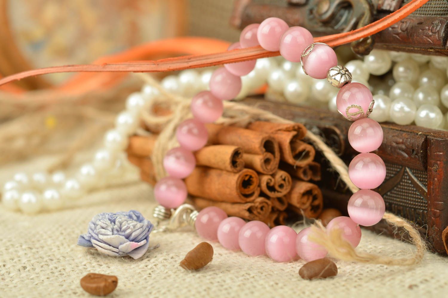 Handmade pink beaded wrist bracelet laconic thin designer accessory for women photo 1
