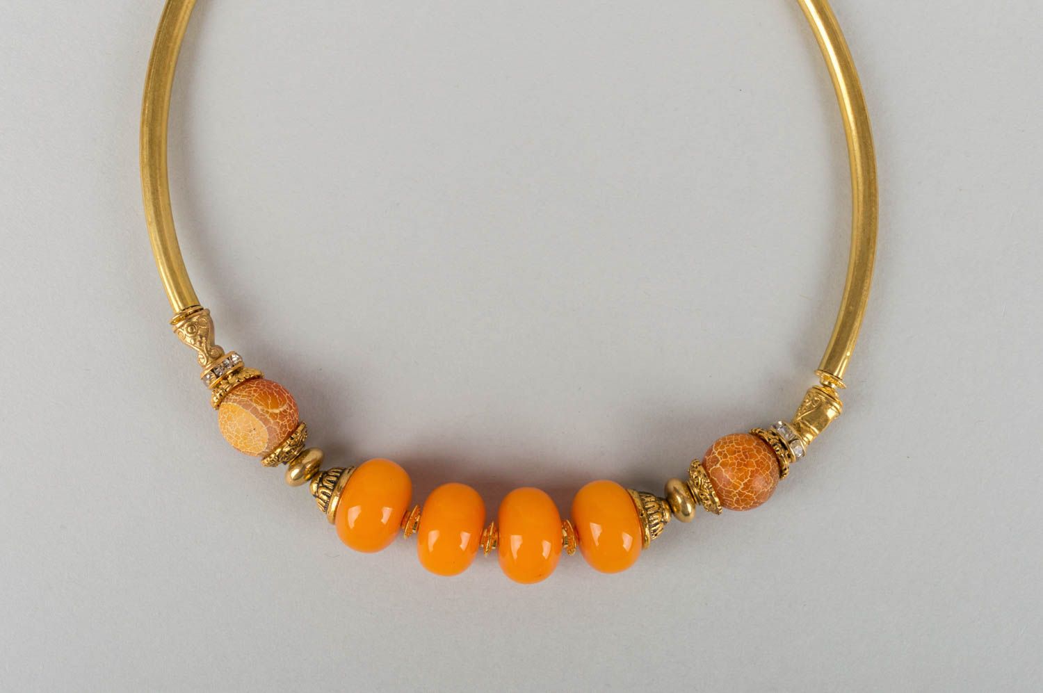 Summer designer bright yellow handmade brass necklace with amber with strasses photo 3