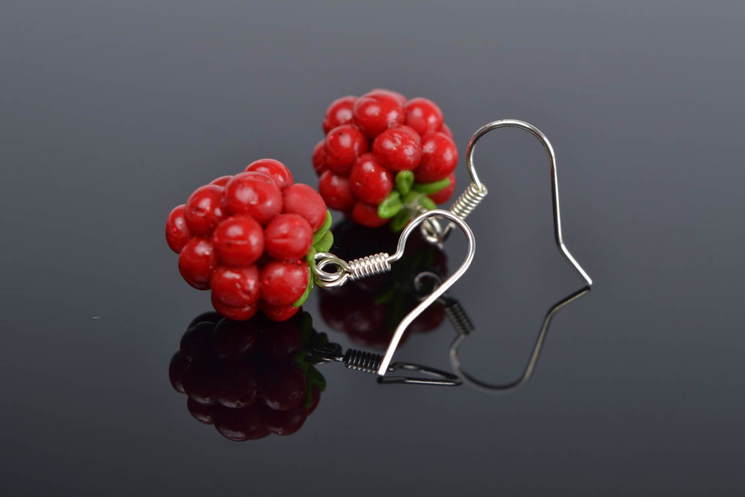 Handmade designer cute polymer clay earrings in the shape of red raspberry photo 1