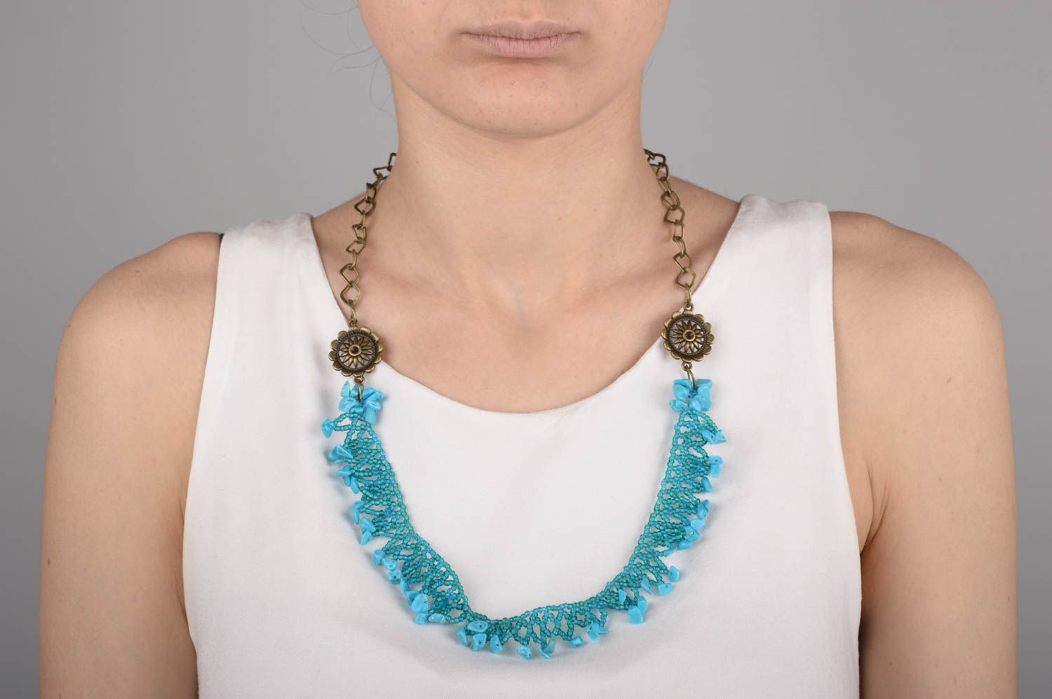 Collier turquoise chaîne Bijou fait main avec perles de rocaille Cadeau femme photo 1
