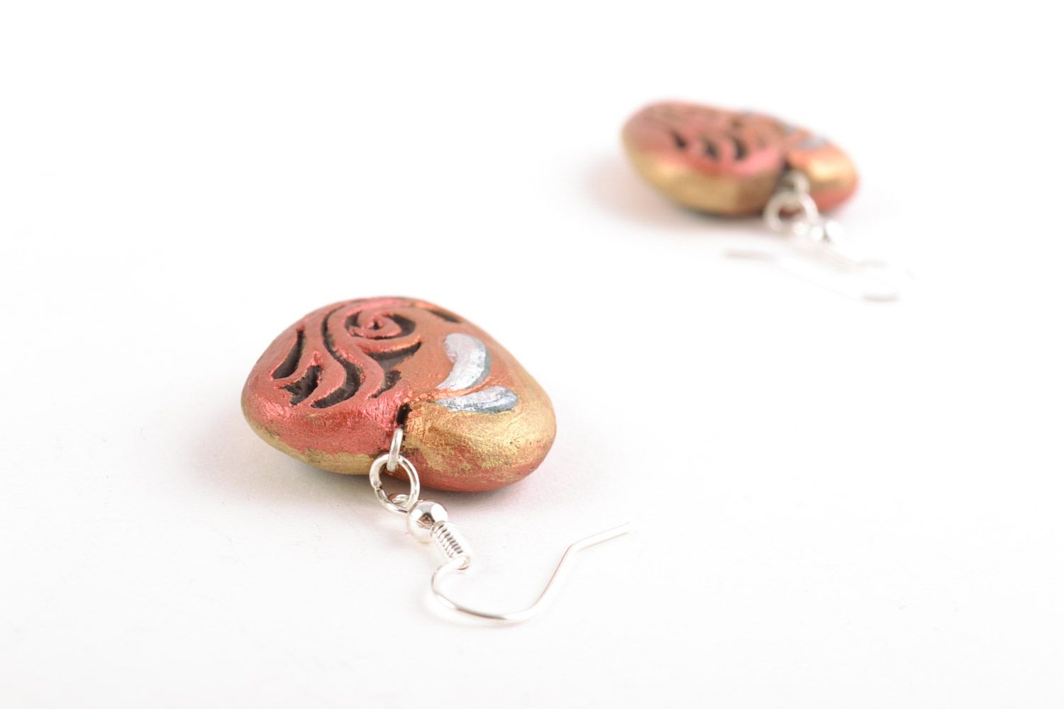 Heart shaped handmade clay earrings painted with acrylics photo 4