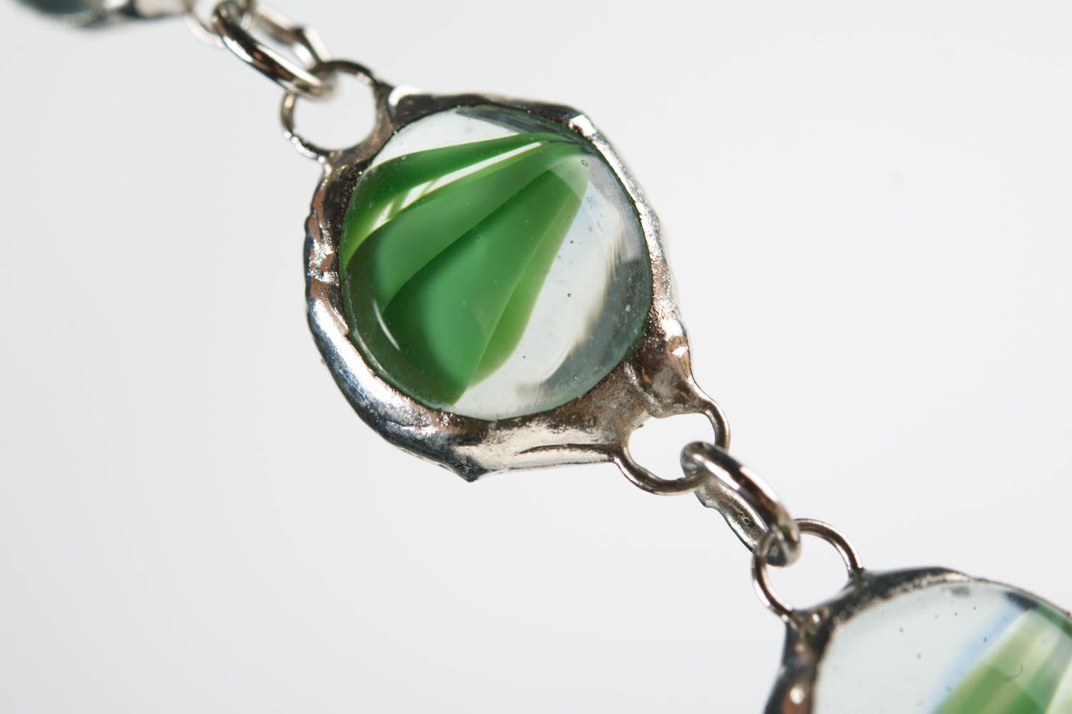 Designer green handmade unusual bracelet made of glass and metal photo 3