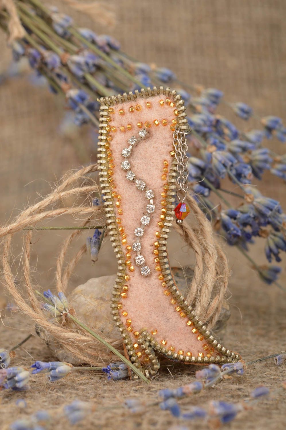 Handmade designer brooch unusual beaded leather accessory elegant jewelry photo 1