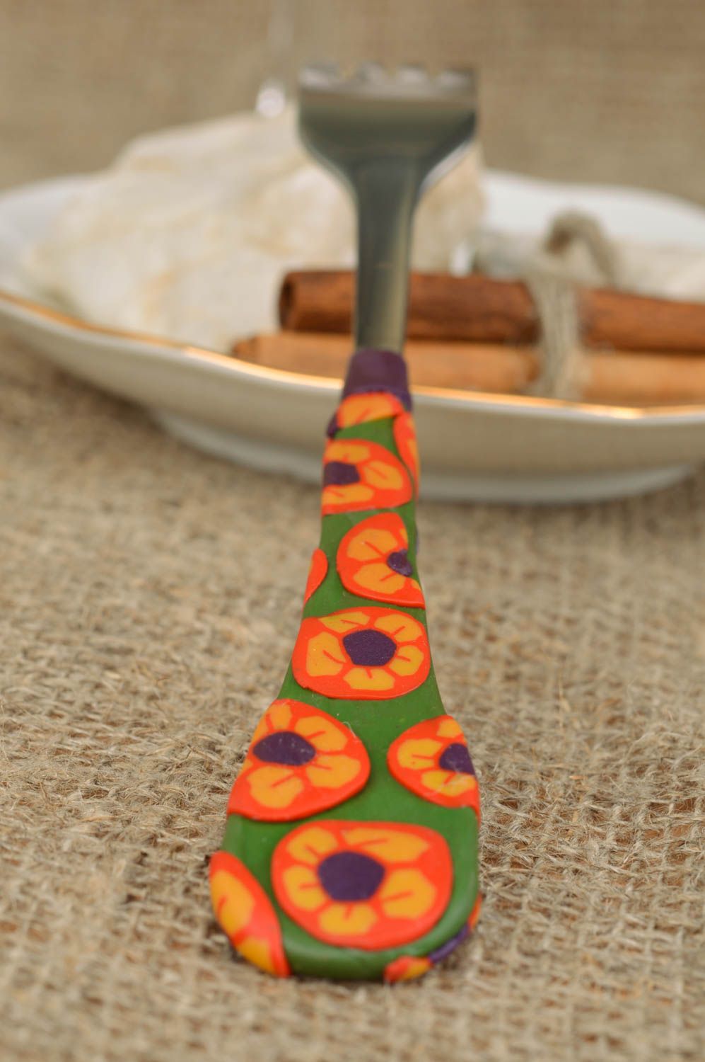 Beautiful homemade designer fork with polymer clay floral handle photo 1