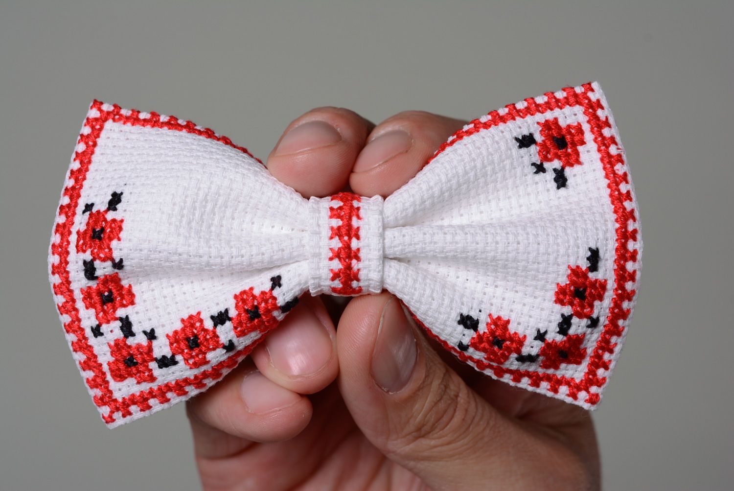 Handmade designer white bow tie with embroidered bright floral motives for men photo 4