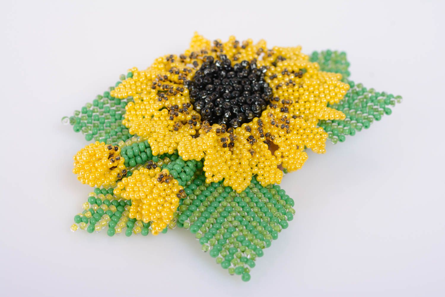 Beaded large bright yellow with green sunflower brooch handmade designer jewelry photo 1