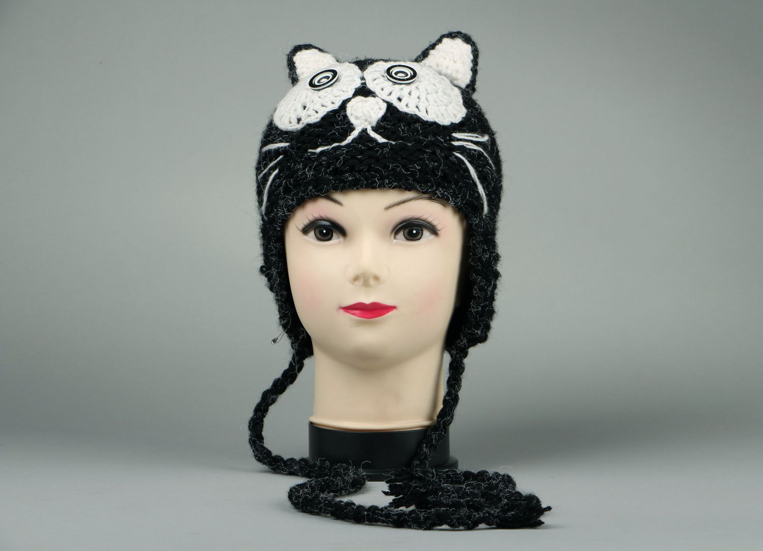 Children's knitted hat Black kitten photo 1