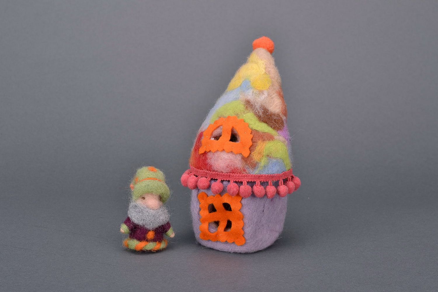 Soft toy made from wool Gnome in the house photo 1