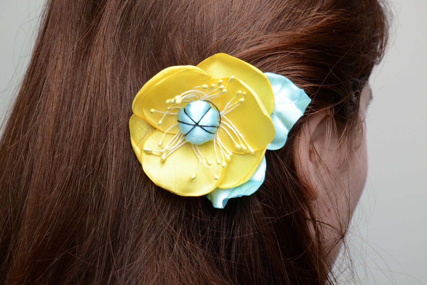 Handmade Haarspange aus Atlas Gelbe Wasserrose  foto 5