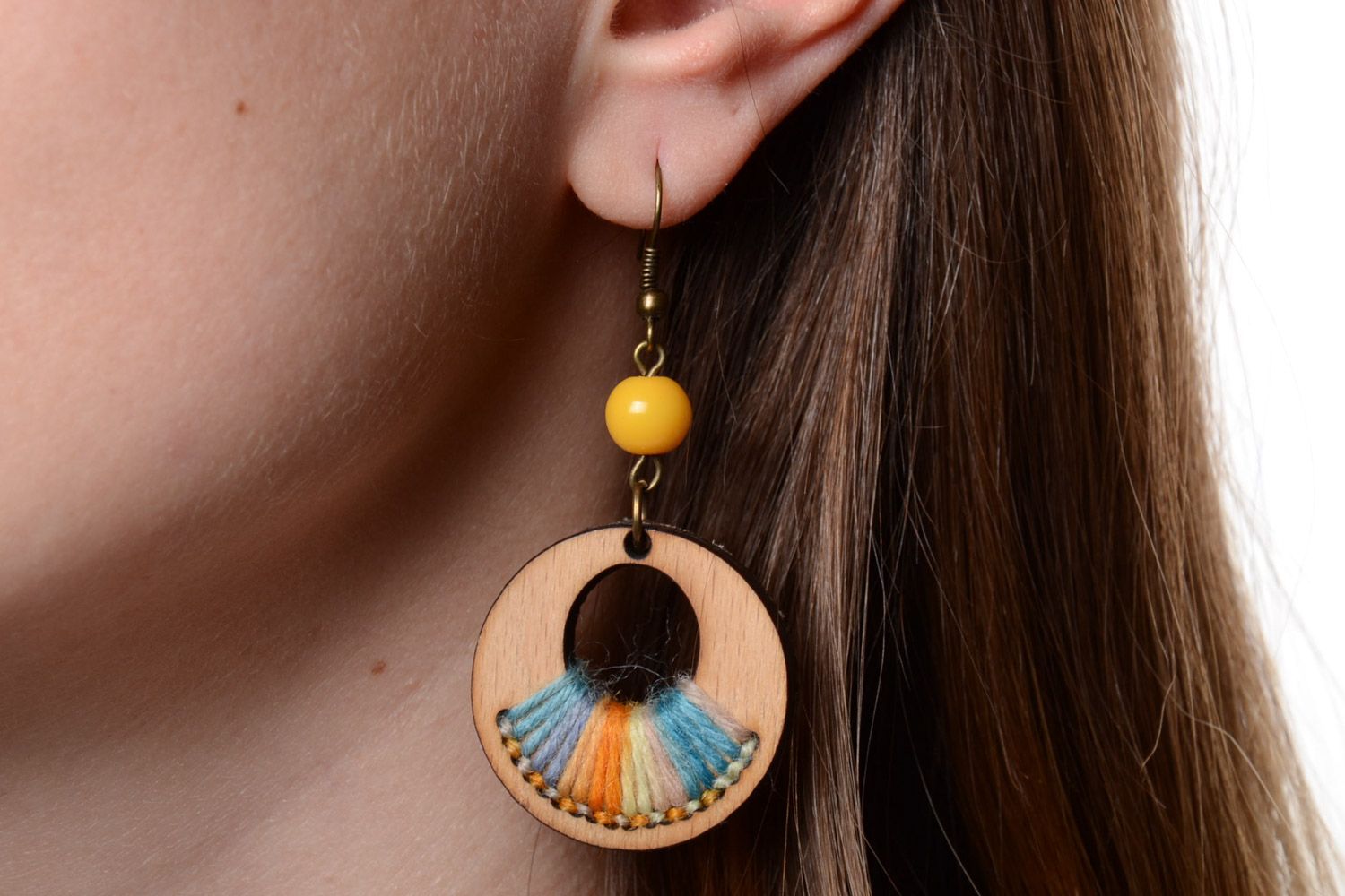 Handmade round plywood earrings with yellow and blue embroidery and beads photo 5