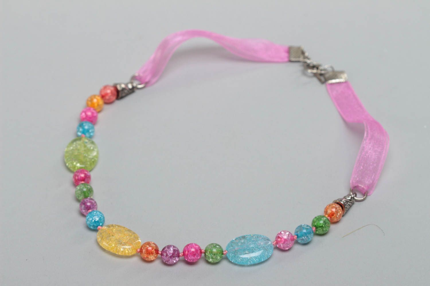 Handmade bright children's design glass bead necklace with ribbon photo 2