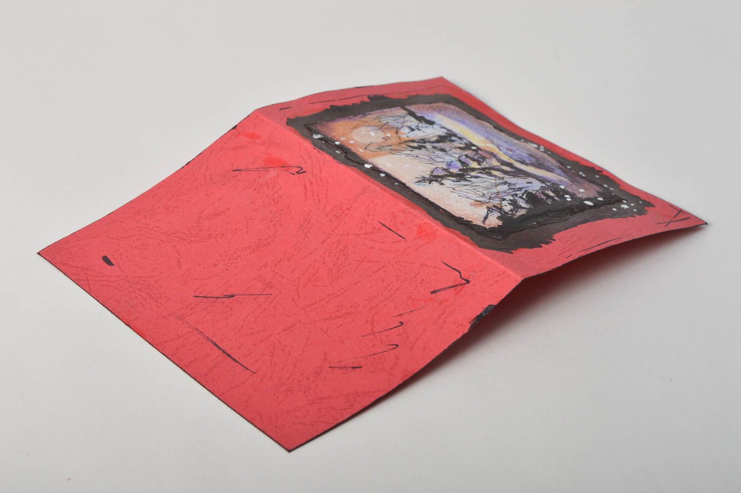 Carte de voeux de Noël Nouvel An faite main rouge avec sapins Petit cadeau photo 4