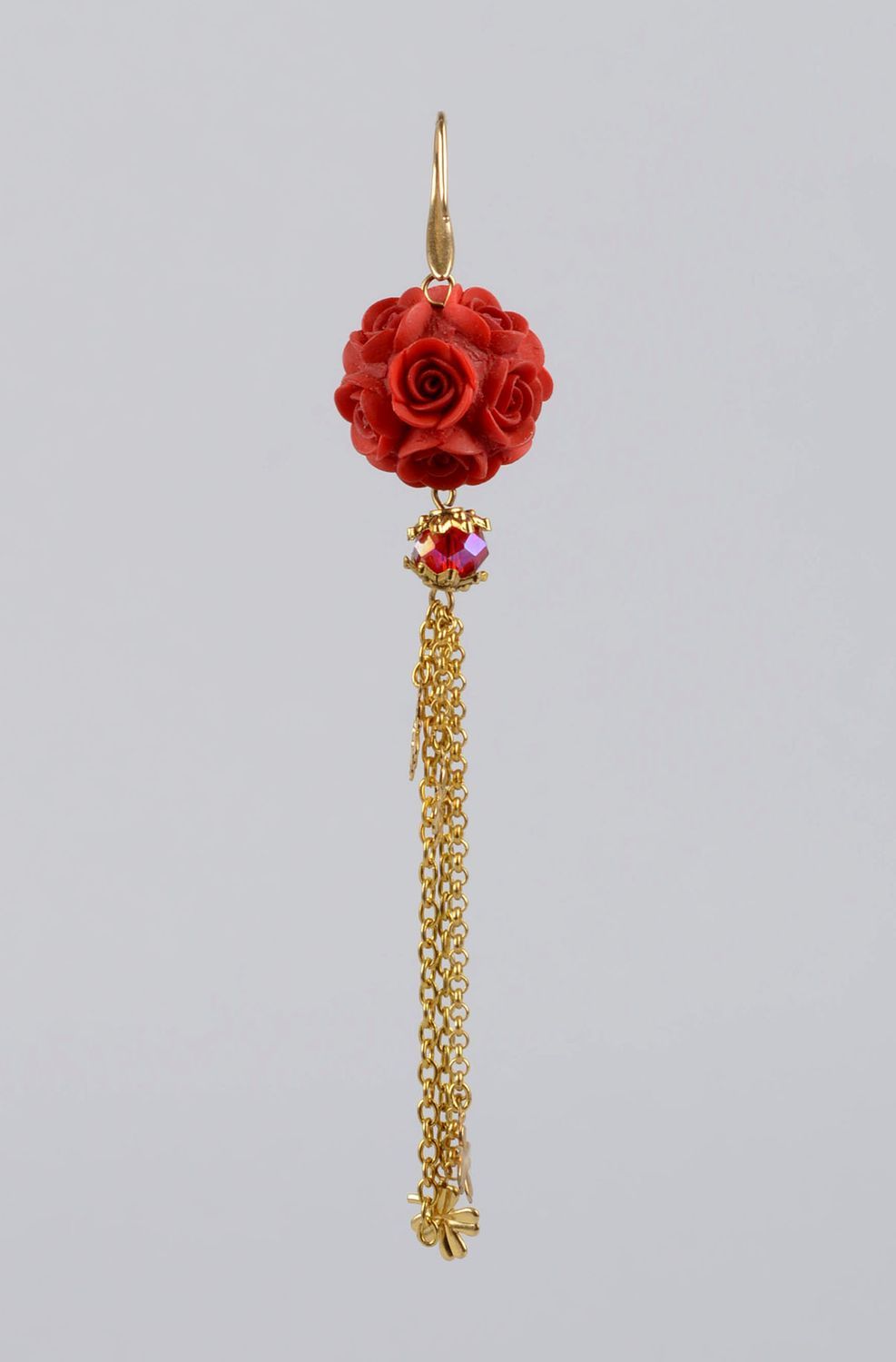 Серьги ручной работы украшение из полимерной глины красные розы длинные серьги фото 1