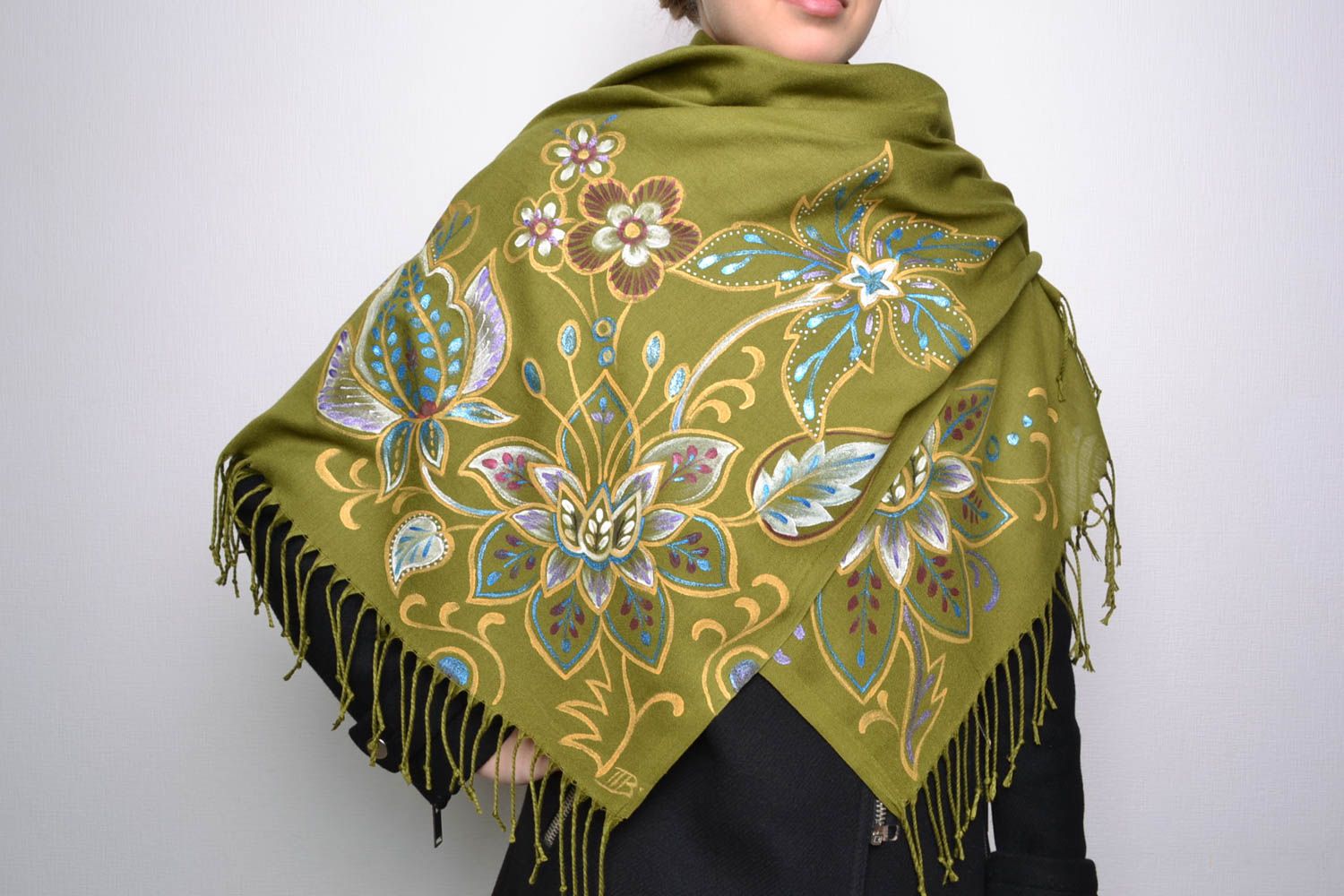 Модный шарф из кашемира с росписью акриловыми красками  зеленый травяной фото 1