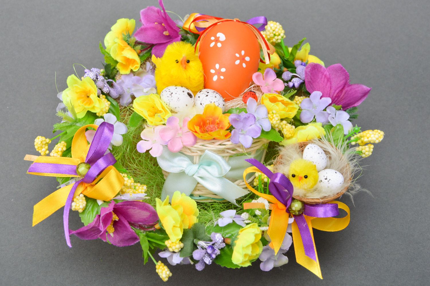 Handmade wicker basket with artificial flowers, eggs and chickens for home decor photo 4