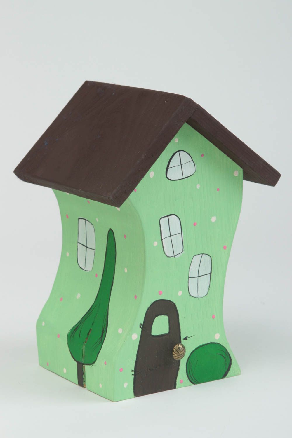Maisonnette en bois Petite statuette verte fait main design Déco intérieur photo 2